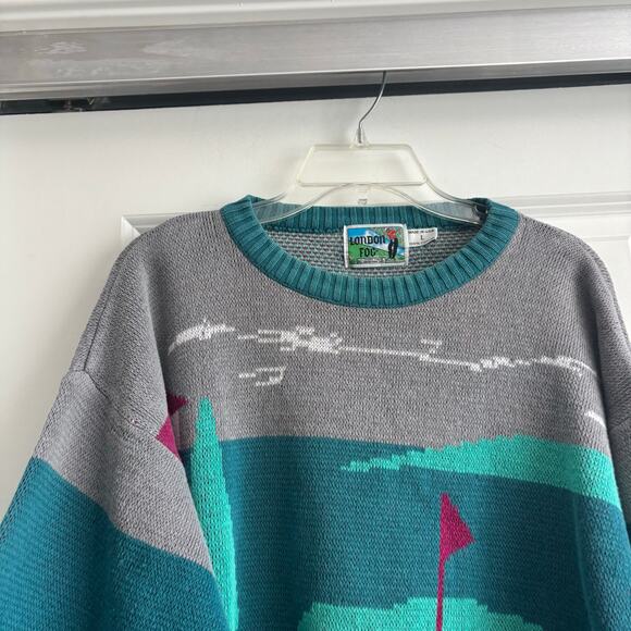 VTG London Fog Golf Sweater Men's Large Made in USA 100% Cotton Intarsia Knit - Picture 9 of 15